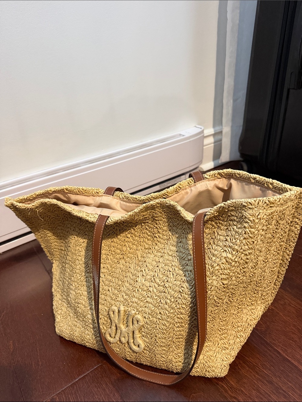H&M Natural Straw Tote with Brown Leather Handles